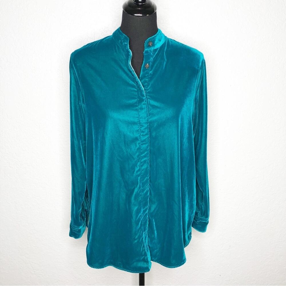 Soft Surroundings‎ teal green velvet velour button down top size Small